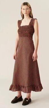 GANNI Seersucker Checkered Ruffle Sleeve Smocked Maxi Dress, Orange/Black, 4 NWT